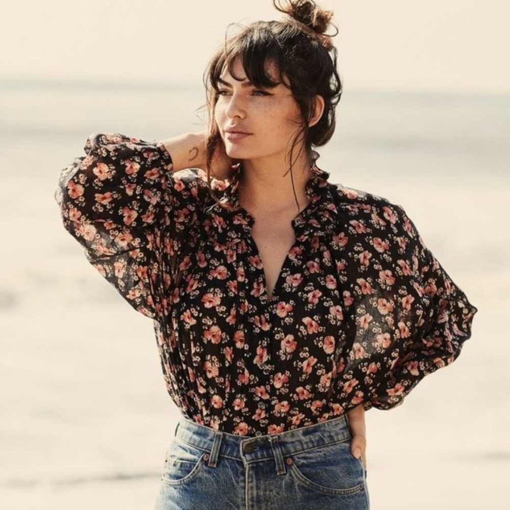 Doen Rosebay Top Blouse Black Poppy XS